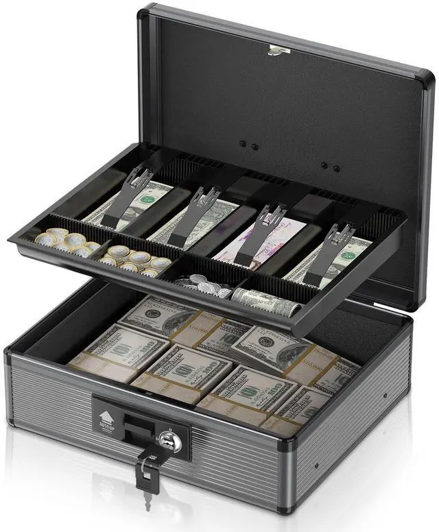 Main image of Locking Cash Box with Money Tray and Key, Secure Money Safe Box for Cash, Portable Money Box with Bottom Storage Spaces, Money Saving Organizer(Black, Extra Large)