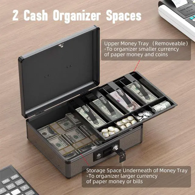 Alt view image 2 of 6 - Locking Cash Box with Money Tray and Key, Secure Money Safe Box for Cash, Portable Money Box with Bottom Storage Spaces, Money Saving Organizer(Black, Extra Large)