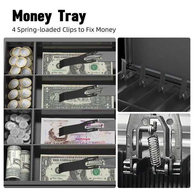 Alt view image 3 of 6 - Locking Cash Box with Money Tray and Key, Secure Money Safe Box for Cash, Portable Money Box with Bottom Storage Spaces, Money Saving Organizer(Black, Extra Large)