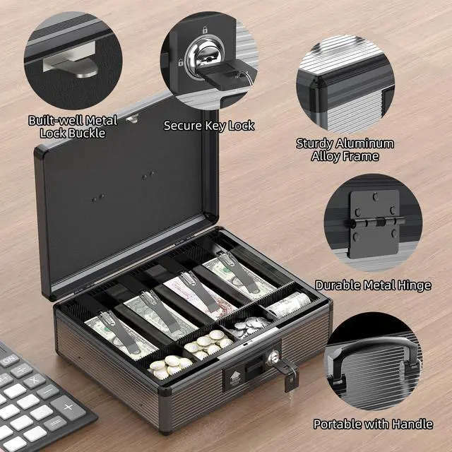 Alt view image 4 of 6 - Locking Cash Box with Money Tray and Key, Secure Money Safe Box for Cash, Portable Money Box with Bottom Storage Spaces, Money Saving Organizer(Black, Extra Large)