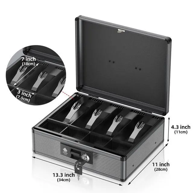 Alt view image 5 of 6 - Locking Cash Box with Money Tray and Key, Secure Money Safe Box for Cash, Portable Money Box with Bottom Storage Spaces, Money Saving Organizer(Black, Extra Large)