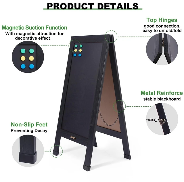 Alt view image 3 of 6 - Large Sandwich A-Frame Chalkboard Signs, 40" x 20" Magnetic Board | Black Wooden Chalk Board, Double-Sided Outdoor Chalkboard for Sidewalk Cafe Shop Wedding Party or Business