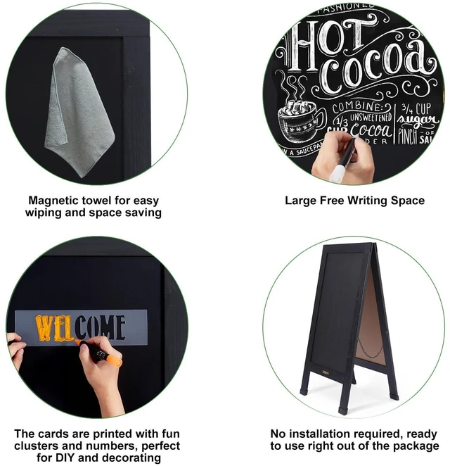 Alt view image 6 of 6 - Large Sandwich A-Frame Chalkboard Signs, 40" x 20" Magnetic Board | Black Wooden Chalk Board, Double-Sided Outdoor Chalkboard for Sidewalk Cafe Shop Wedding Party or Business
