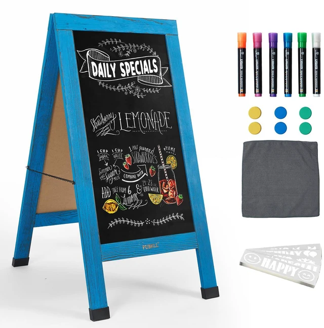 Main image of Large Sandwich A-Frame Chalkboard Signs, 40" x 20" Magnetic Board | Blue Wooden Chalk Board, Double-Sided Outdoor Chalkboard for Sidewalk Cafe Shop Wedding Party or Business