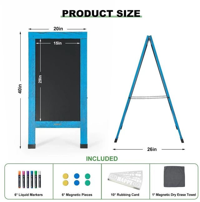Alt view image 2 of 6 - Large Sandwich A-Frame Chalkboard Signs, 40" x 20" Magnetic Board | Blue Wooden Chalk Board, Double-Sided Outdoor Chalkboard for Sidewalk Cafe Shop Wedding Party or Business
