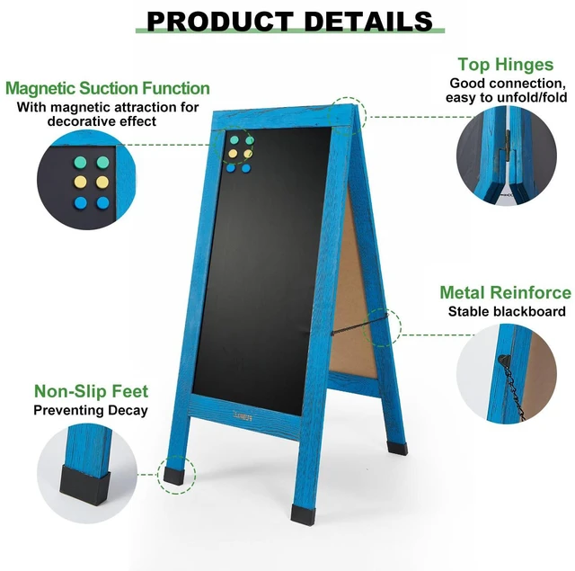 Alt view image 3 of 6 - Large Sandwich A-Frame Chalkboard Signs, 40" x 20" Magnetic Board | Blue Wooden Chalk Board, Double-Sided Outdoor Chalkboard for Sidewalk Cafe Shop Wedding Party or Business