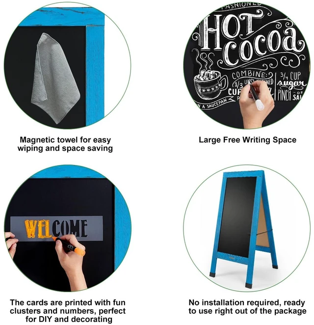 Alt view image 6 of 6 - Large Sandwich A-Frame Chalkboard Signs, 40" x 20" Magnetic Board | Blue Wooden Chalk Board, Double-Sided Outdoor Chalkboard for Sidewalk Cafe Shop Wedding Party or Business