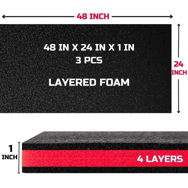 Alt view image 3 of 6 - Tool Box Foam 48x24x1 inch 3Pack, Foam Inserts for Cases, Polyethylene Storage Sheets for Toolbox Hard Case, Tool Shadow Insert, Kaizen Organizer Sheet, Black with Red