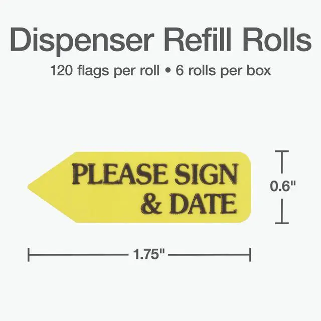 Alt view image 2 of 6 - 91032 Arrow Message Page Flag Refills, "Please Sign & Date", Yellow, 120 per Roll (Box of 6 Rolls) (Pack of 8)