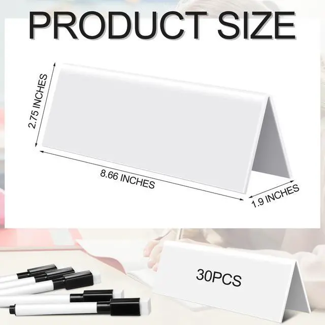 Alt view image 2 of 6 - 30 Sets Dry Erase Name Tent Cards with Black Markers 8.7 x 2.8 x 1.9 Inches White Reusable Name Plate Wipe Clean Desk Tags Sign for Classroom Table Office Conference Meeting Weddings