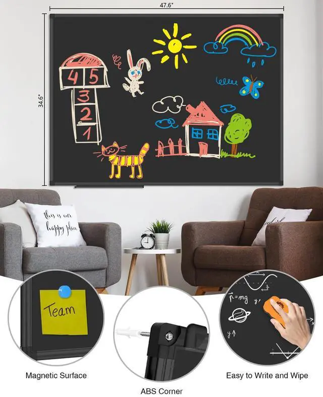 Alt view image 2 of 6 - XBoard Magnetic Chalkboard Blackboard 48 x 36, Chalk Board/Black Board with 2 Magnets, Black Aluminium Frame