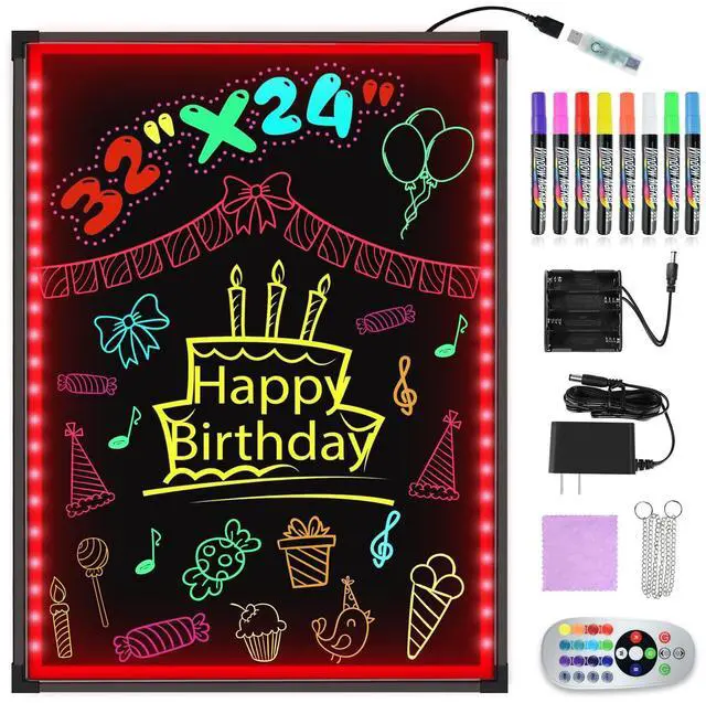 Main image of 32"x24" LED Message Writing Board, Neon Sign for Business & Restaurants, Illuminated Erasable Menu Board, 8 Colors Markers & 16 Lighting Colors, Flashing Light Up Display for Bar, Party, Wedding