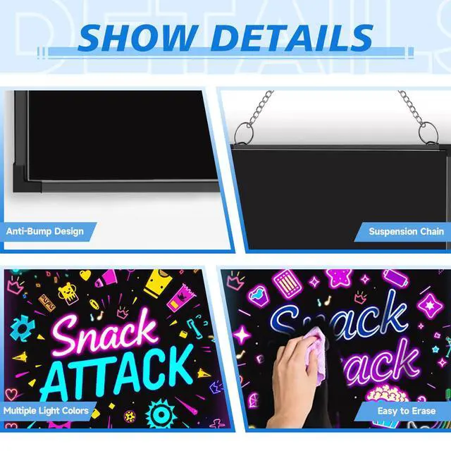 Alt view image 2 of 6 - 32"x24" LED Message Writing Board, Neon Sign for Business & Restaurants, Illuminated Erasable Menu Board, 8 Colors Markers & 16 Lighting Colors, Flashing Light Up Display for Bar, Party, Wedding