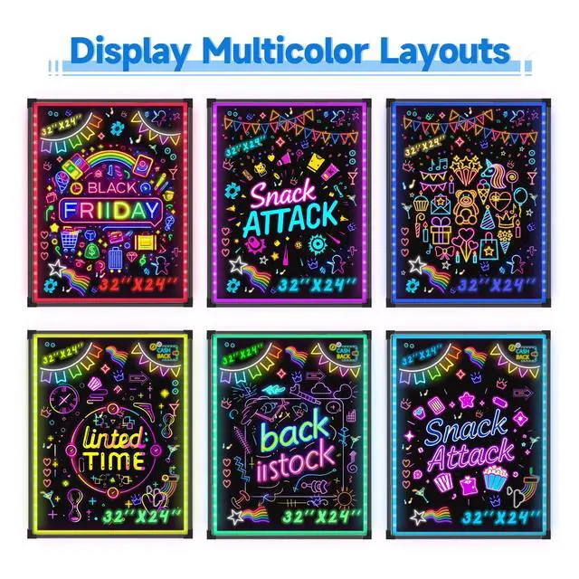 Alt view image 3 of 6 - 32"x24" LED Message Writing Board, Neon Sign for Business & Restaurants, Illuminated Erasable Menu Board, 8 Colors Markers & 16 Lighting Colors, Flashing Light Up Display for Bar, Party, Wedding