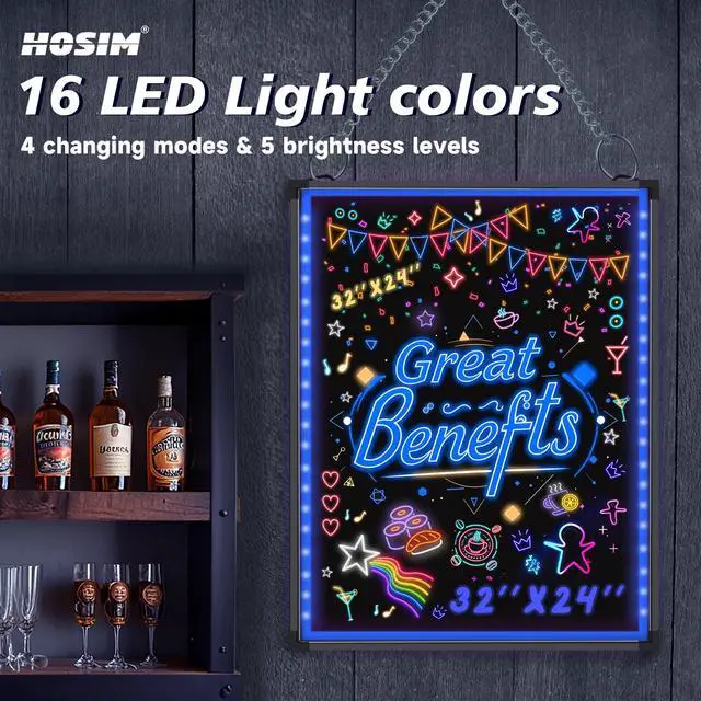 Alt view image 6 of 6 - 32"x24" LED Message Writing Board, Neon Sign for Business & Restaurants, Illuminated Erasable Menu Board, 8 Colors Markers & 16 Lighting Colors, Flashing Light Up Display for Bar, Party, Wedding