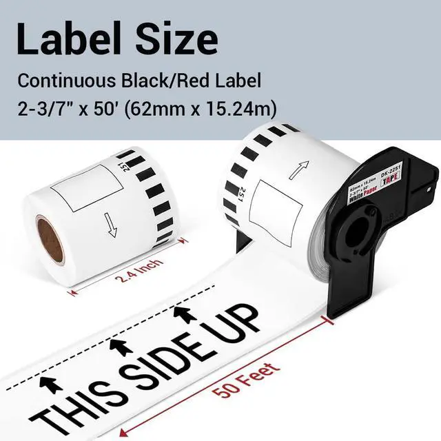 Alt view image 3 of 6 - Compatible with Brother DK-2251 Continuous Length Black/Red Label 2.4x 50' | For QL-800, QL-810W, QL-820NWB Printers, 10 Rolls + 1 Frame, DK2251 DK-22251 White Paper Tape