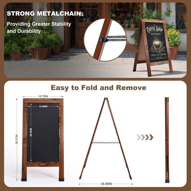 Alt view image 2 of 6 - Large Sandwich A-Frame Chalkboard Signs, 40" x 20" Magnetic Board | Brown Wooden Chalk Board, Double-Sided Outdoor Chalkboard for Sidewalk Cafe Shop Wedding Party or Business