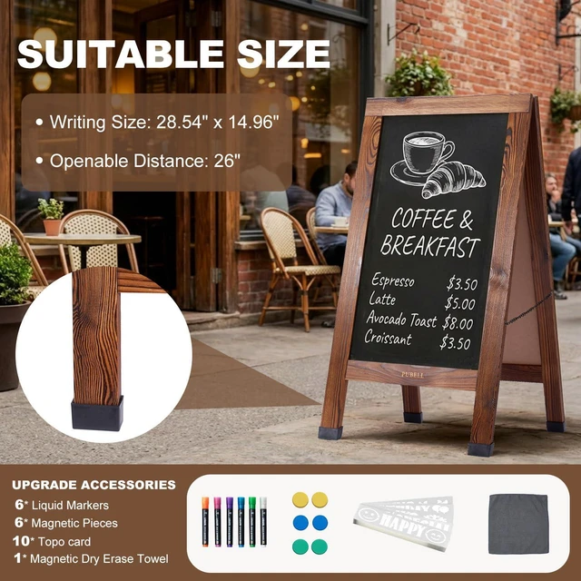 Alt view image 3 of 6 - Large Sandwich A-Frame Chalkboard Signs, 40" x 20" Magnetic Board | Brown Wooden Chalk Board, Double-Sided Outdoor Chalkboard for Sidewalk Cafe Shop Wedding Party or Business