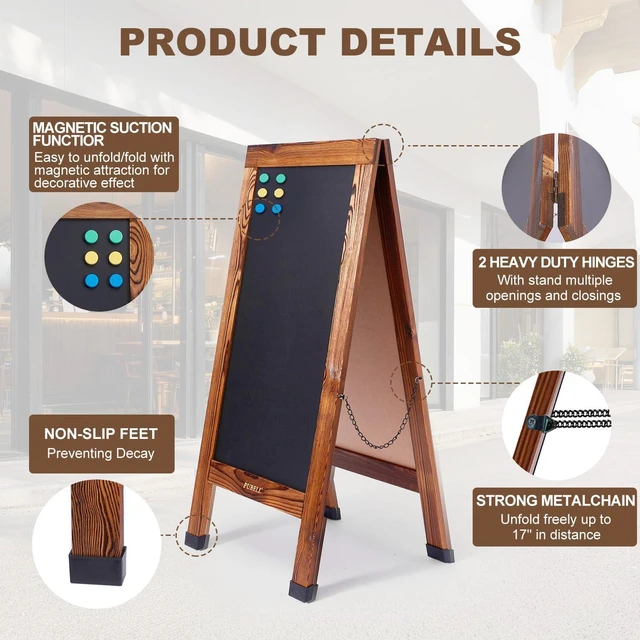 Alt view image 5 of 6 - Large Sandwich A-Frame Chalkboard Signs, 40" x 20" Magnetic Board | Brown Wooden Chalk Board, Double-Sided Outdoor Chalkboard for Sidewalk Cafe Shop Wedding Party or Business