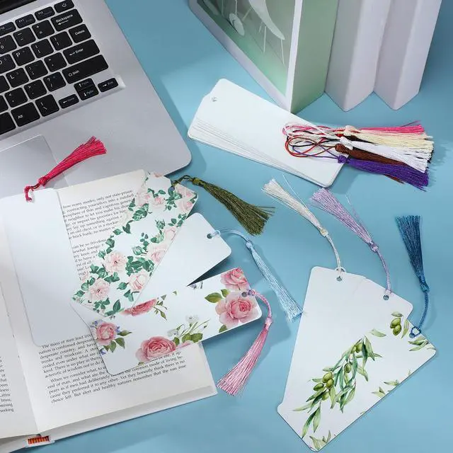 Alt view image 4 of 6 - 240 Pcs Sublimation Blank Bookmark Heat Transfer Metal Aluminum DIY Bookmark with Hole and Colorful Tassels for Crafts, Birthday Wedding, Sublimation Blank Keychains, Single Sided Printing