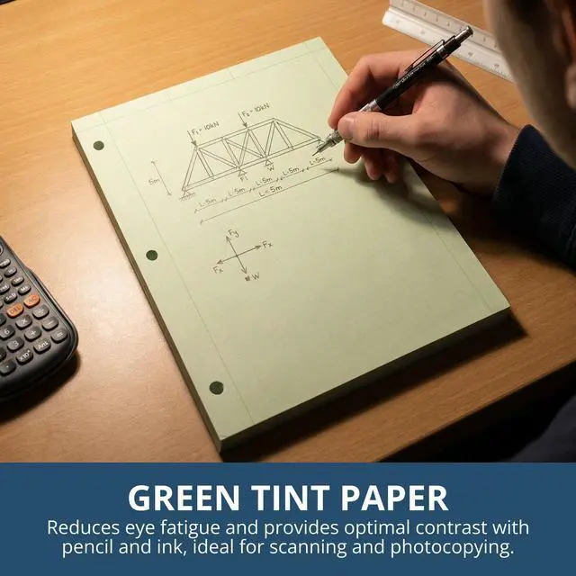 Alt view image 2 of 6 - Graph Ruled Engineering Pad, Engineering Graph Paper Pad, 12 Pack, 5x5 Enclosed Grid, 8.5" x 11", 200 Sheets, 3 Hole Punched, Green Tinted Sheets, Made in USA
