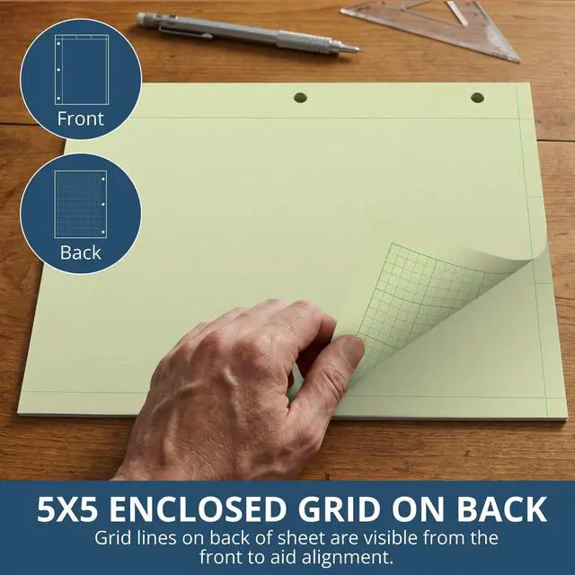 Alt view image 4 of 6 - Graph Ruled Engineering Pad, Engineering Graph Paper Pad, 12 Pack, 5x5 Enclosed Grid, 8.5" x 11", 200 Sheets, 3 Hole Punched, Green Tinted Sheets, Made in USA