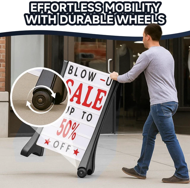 Alt view image 3 of 6 - 24"x39" Changeable Message Board Sidewalk Sign, Standard Portable A-Frame Sign & Letter Kit for Outdoor,Business, Large Black Standing Frame with Wheels, Water-Fillable and Wind-Resistant