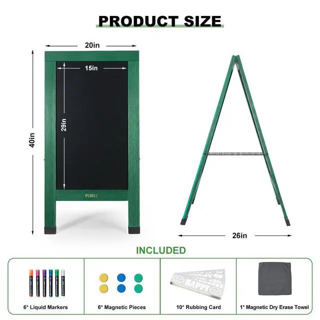 Alt view image 2 of 6 - Large Sandwich A-Frame Chalkboard Signs, 40" x 20" Magnetic Board | Green Wooden Chalk Board, Double-Sided Outdoor Chalkboard for Sidewalk Cafe Shop Wedding Party or Business