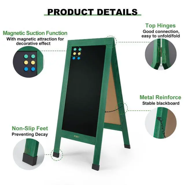 Alt view image 3 of 6 - Large Sandwich A-Frame Chalkboard Signs, 40" x 20" Magnetic Board | Green Wooden Chalk Board, Double-Sided Outdoor Chalkboard for Sidewalk Cafe Shop Wedding Party or Business