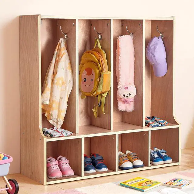 Main image of 4-Section Coat Locker with Bench, Kids Lockers with 8 Hooks & Non-Slip Mat, Classroom Cubbies for Daycare, Home, Kindergarten- Natural