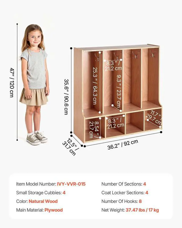 Alt view image 2 of 6 - 4-Section Coat Locker with Bench, Kids Lockers with 8 Hooks & Non-Slip Mat, Classroom Cubbies for Daycare, Home, Kindergarten- Natural