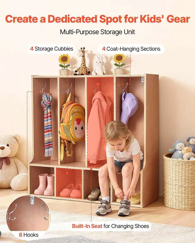 Alt view image 3 of 6 - 4-Section Coat Locker with Bench, Kids Lockers with 8 Hooks & Non-Slip Mat, Classroom Cubbies for Daycare, Home, Kindergarten- Natural
