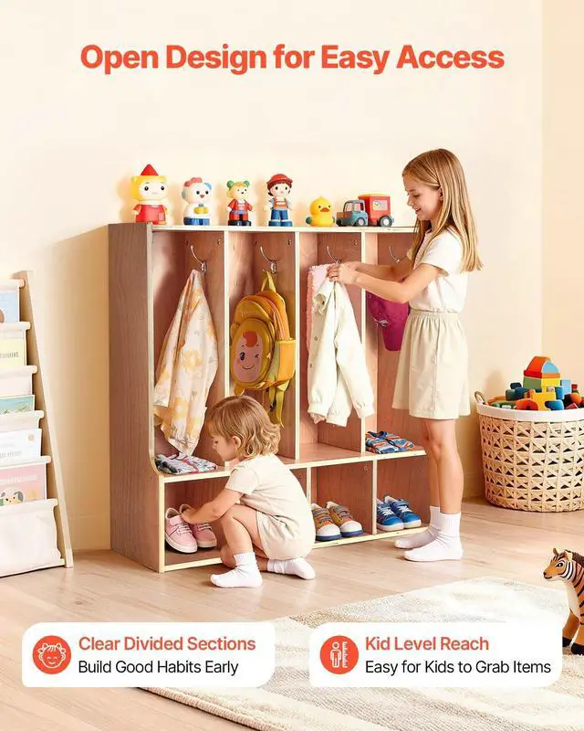 Alt view image 4 of 6 - 4-Section Coat Locker with Bench, Kids Lockers with 8 Hooks & Non-Slip Mat, Classroom Cubbies for Daycare, Home, Kindergarten- Natural
