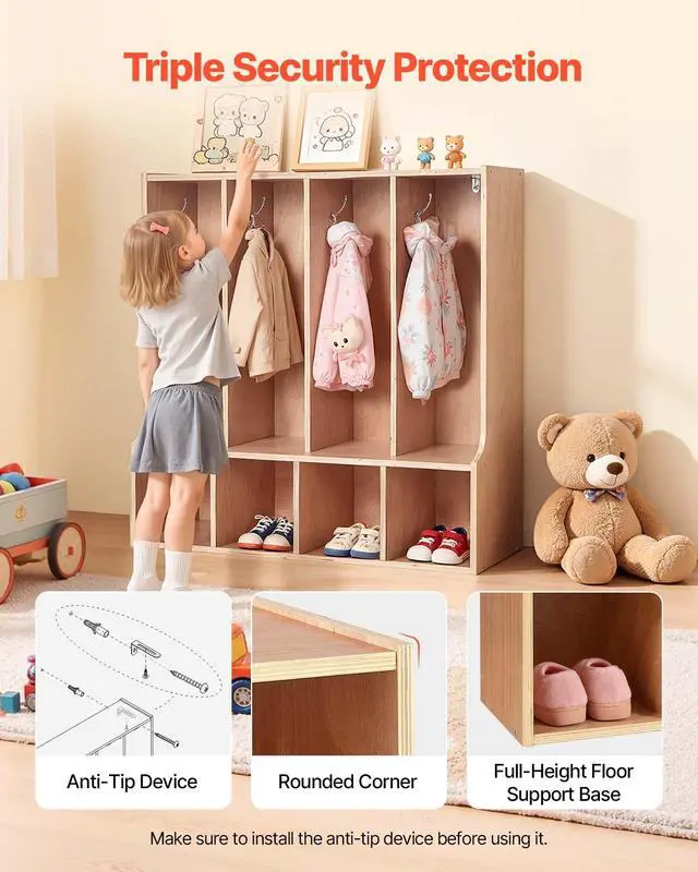 Alt view image 6 of 6 - 4-Section Coat Locker with Bench, Kids Lockers with 8 Hooks & Non-Slip Mat, Classroom Cubbies for Daycare, Home, Kindergarten- Natural