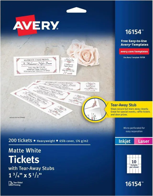 Main image of Printable Tickets with Tear-Away Stubs, 1.75" x 5.5", Matte White, 200 Blank Tickets for Laser and Inkjet Printers (16154) (Pack of 5)