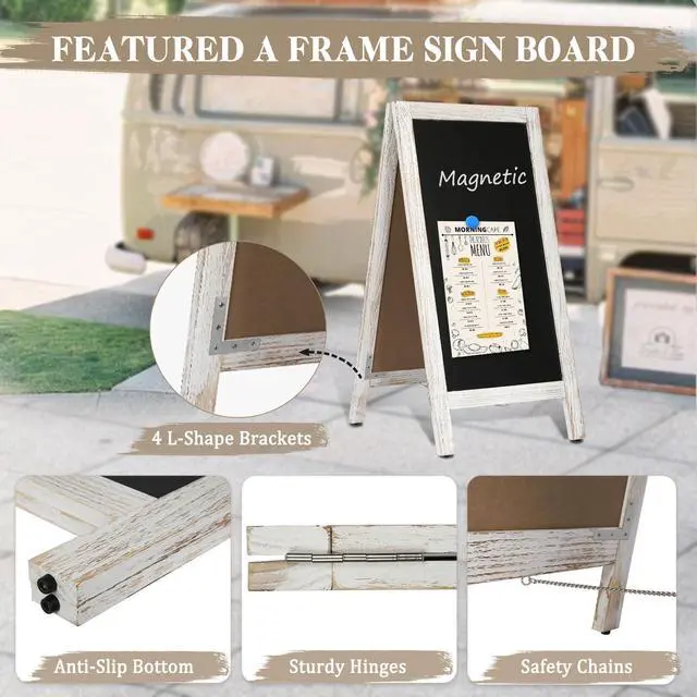 Alt view image 4 of 6 - Double-Sided Magnetic 40" x 20" White Chalk Board Sign Board | Wooden A-Frame Sign, Sandwich Board Signs Outdoor, Chalkboard Easel, Menu Board for Restaurant, Business or Wedding