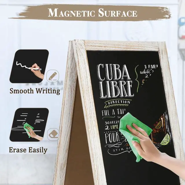 Alt view image 5 of 6 - Double-Sided Magnetic 40" x 20" White Chalk Board Sign Board | Wooden A-Frame Sign, Sandwich Board Signs Outdoor, Chalkboard Easel, Menu Board for Restaurant, Business or Wedding