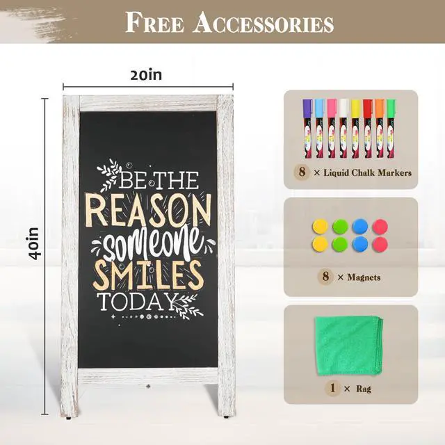Alt view image 6 of 6 - Double-Sided Magnetic 40" x 20" White Chalk Board Sign Board | Wooden A-Frame Sign, Sandwich Board Signs Outdoor, Chalkboard Easel, Menu Board for Restaurant, Business or Wedding