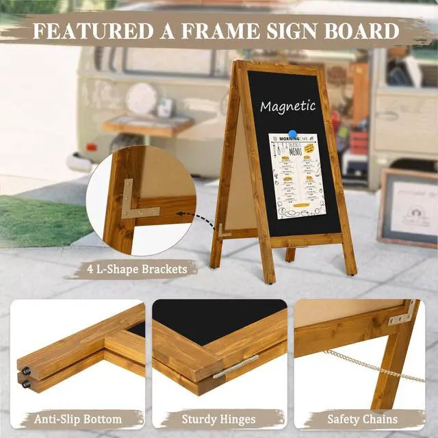 Alt view image 3 of 6 - Double-Sided Magnetic 40" x 20" Yellowish-Brown Chalkboard Sign | Wooden A-Frame Sign, Sandwich Board Signs Outdoor, Chalkboard Easel, Menu Board for Restaurant, Business or Wedding