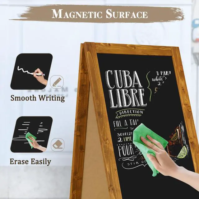 Alt view image 4 of 6 - Double-Sided Magnetic 40" x 20" Yellowish-Brown Chalkboard Sign | Wooden A-Frame Sign, Sandwich Board Signs Outdoor, Chalkboard Easel, Menu Board for Restaurant, Business or Wedding