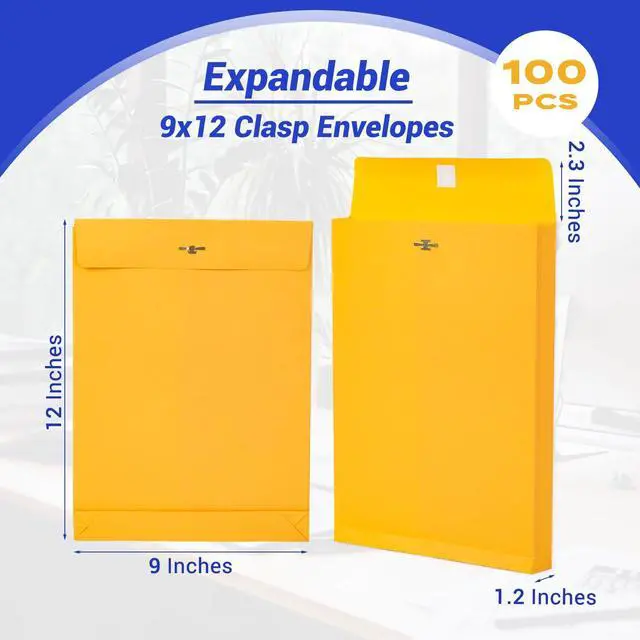 Alt view image 2 of 6 - 100 Pack Expandable Manilla Envelopes 9x12 | 180 GSM Heavyweight, Clasp and Gummed Seal, For Home, School, Office Mailing, Organizing and Storing, Yellow