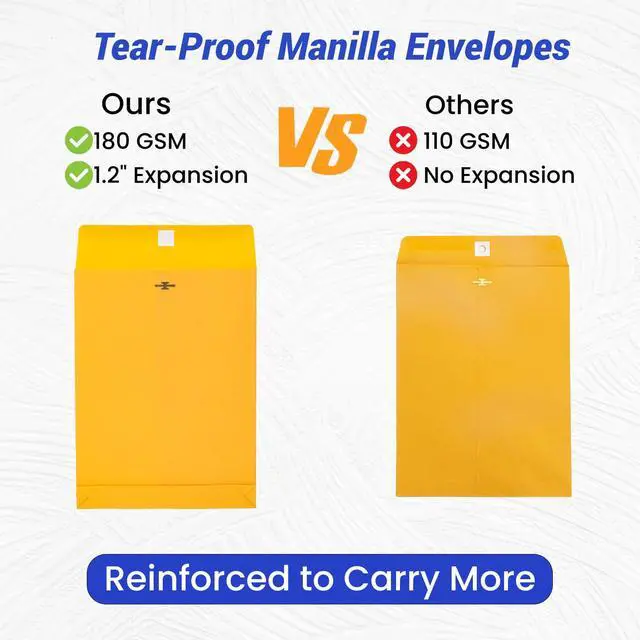 Alt view image 4 of 6 - 100 Pack Expandable Manilla Envelopes 9x12 | 180 GSM Heavyweight, Clasp and Gummed Seal, For Home, School, Office Mailing, Organizing and Storing, Yellow