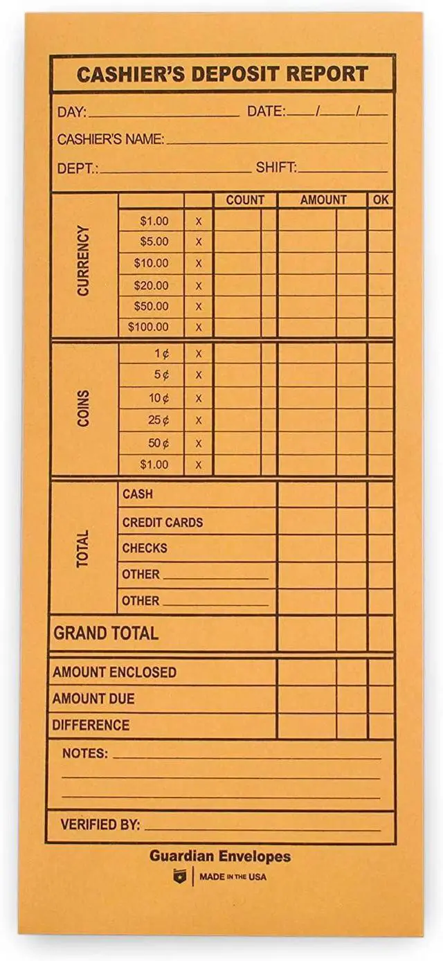 Main image of Cashier Deposit Report Envelopes with Gummed Flaps, Pack of 1000 Cash Drop Envelopes Cash Register for Small Businesses Cashier Register for Retailers & Restaurants Brown Kraft Envelope