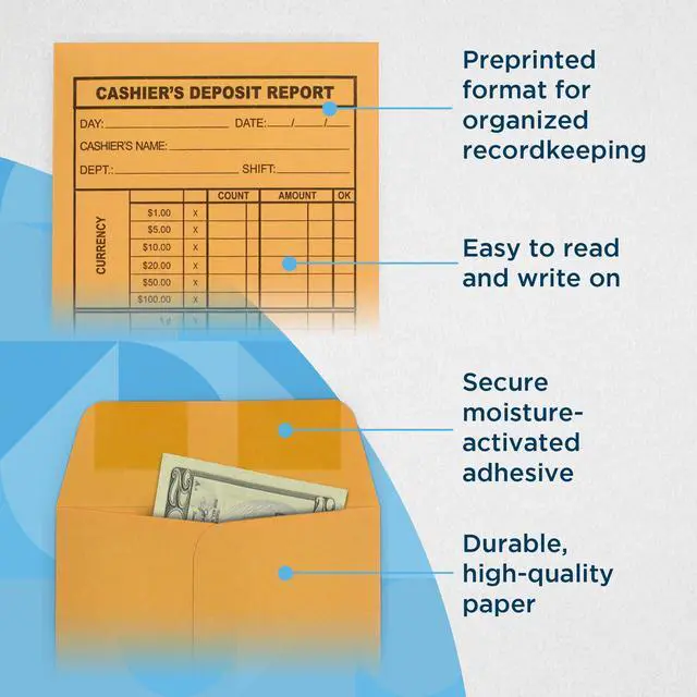 Alt view image 5 of 6 - Cashier Deposit Report Envelopes with Gummed Flaps, Pack of 1000 Cash Drop Envelopes Cash Register for Small Businesses Cashier Register for Retailers & Restaurants Brown Kraft Envelope