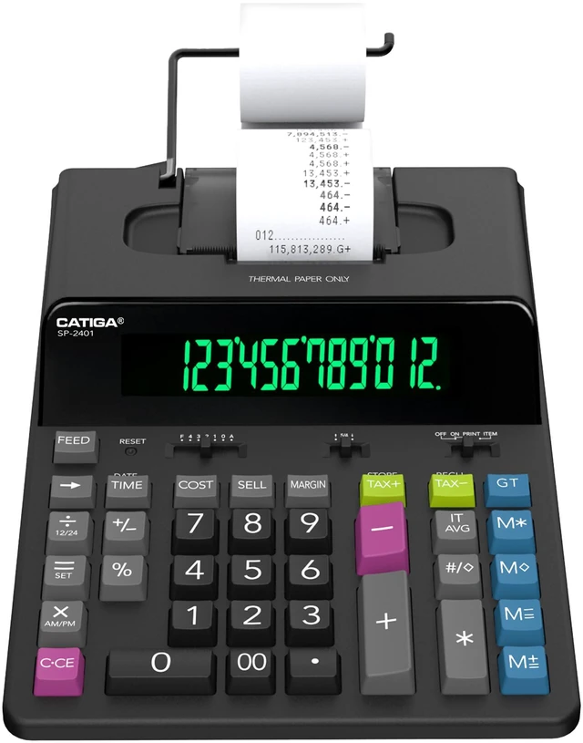 Main image of 12 Digit Thermal Printing Calculator with Tape Print Out, Ink-Free Adding Machine, 5X Faster Quite at 8.0 LPS, Extra Large Fluorescent Display, Tax Calculation with Clock and Calendar, SP-2401