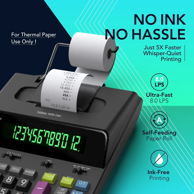 Alt view image 2 of 6 - 12 Digit Thermal Printing Calculator with Tape Print Out, Ink-Free Adding Machine, 5X Faster Quite at 8.0 LPS, Extra Large Fluorescent Display, Tax Calculation with Clock and Calendar, SP-2401