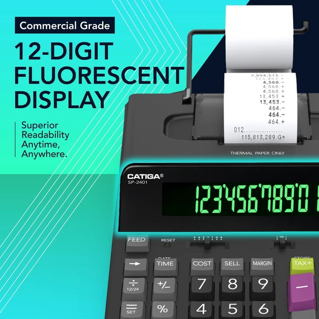 Alt view image 3 of 6 - 12 Digit Thermal Printing Calculator with Tape Print Out, Ink-Free Adding Machine, 5X Faster Quite at 8.0 LPS, Extra Large Fluorescent Display, Tax Calculation with Clock and Calendar, SP-2401