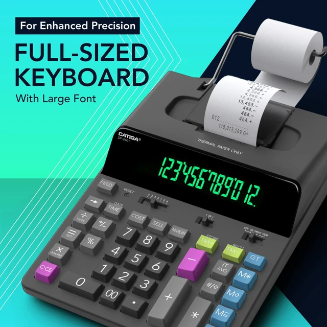 Alt view image 4 of 6 - 12 Digit Thermal Printing Calculator with Tape Print Out, Ink-Free Adding Machine, 5X Faster Quite at 8.0 LPS, Extra Large Fluorescent Display, Tax Calculation with Clock and Calendar, SP-2401