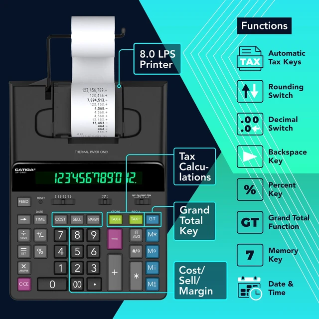 Alt view image 6 of 6 - 12 Digit Thermal Printing Calculator with Tape Print Out, Ink-Free Adding Machine, 5X Faster Quite at 8.0 LPS, Extra Large Fluorescent Display, Tax Calculation with Clock and Calendar, SP-2401
