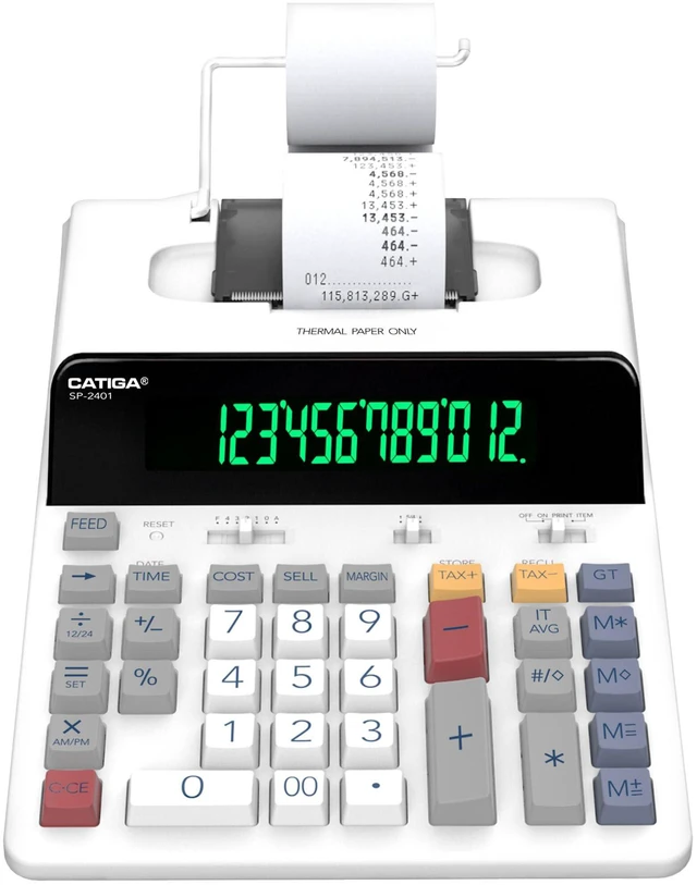 Main image of 12 Digit Thermal Printing Calculator with Tape Print Out, Ink-Free Adding Machine, 5X Faster Quite at 8.0 LPS, Extra Large Fluorescent Display, Tax Calculation with Clock and Calendar, SP-2401